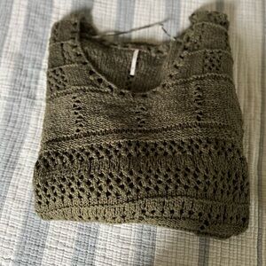 Free People Green Crew Neck Sweater with Intricate Openwork